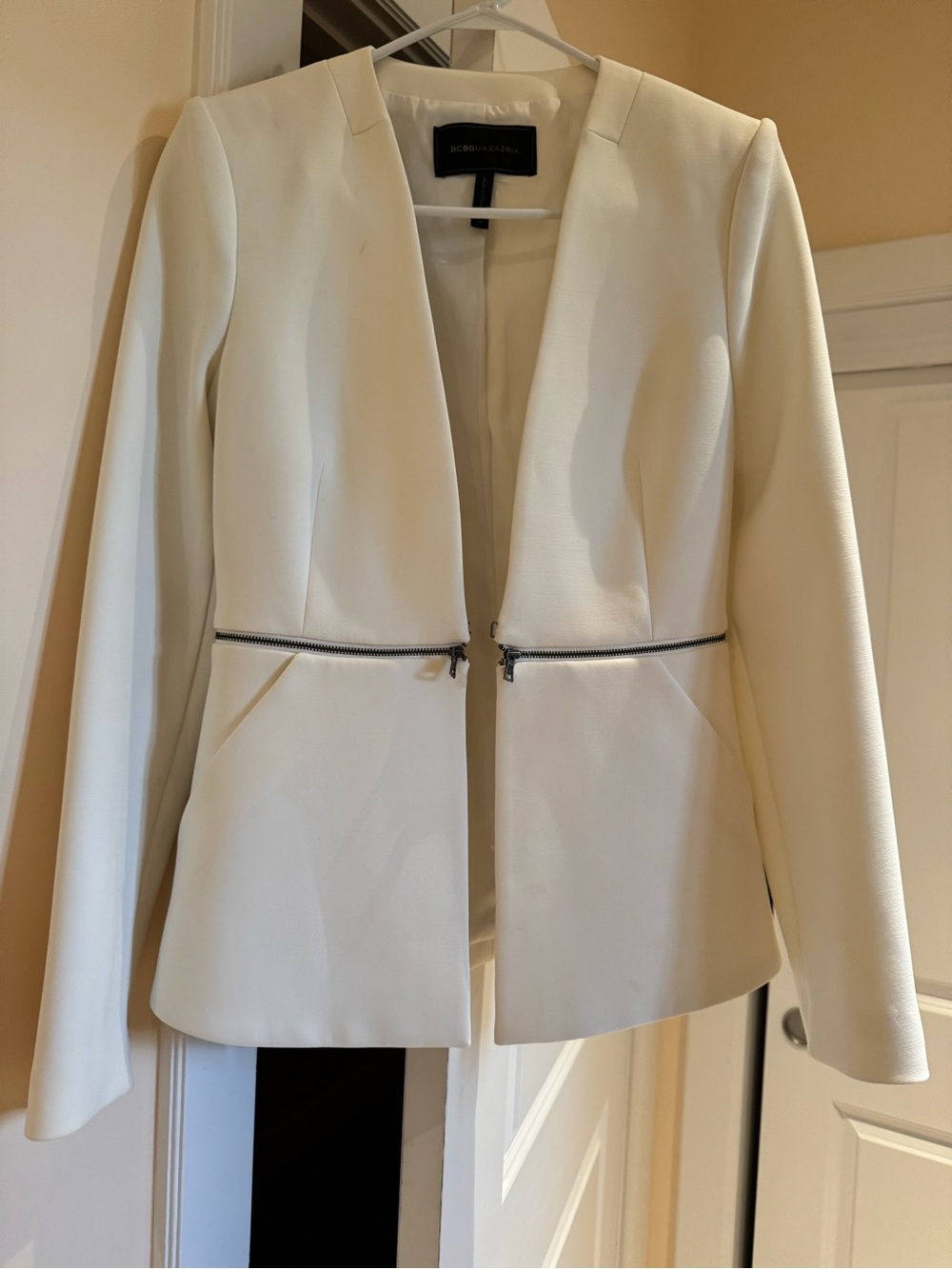 BCBGMAXAZRIA Off White Zip-Pocket Open Blazer Jacket Size XS